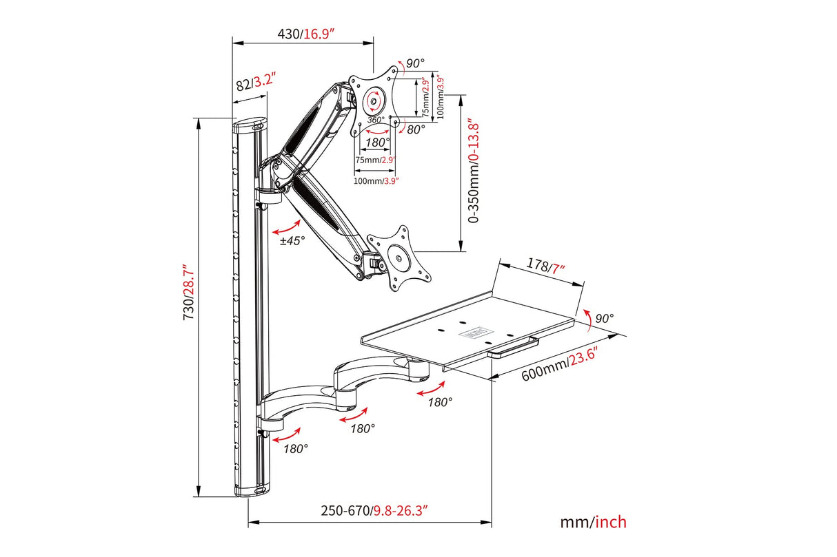 DIGITUS Estación de trabajo de pie-sentado, Soporte para monitor, Montaje en pared, 1x resorte de presión de gas 1x brazo articulado doble, 1 monitor, Hasta 27 pulgadas, VESA 75 x 75, 100 x 100, Negro