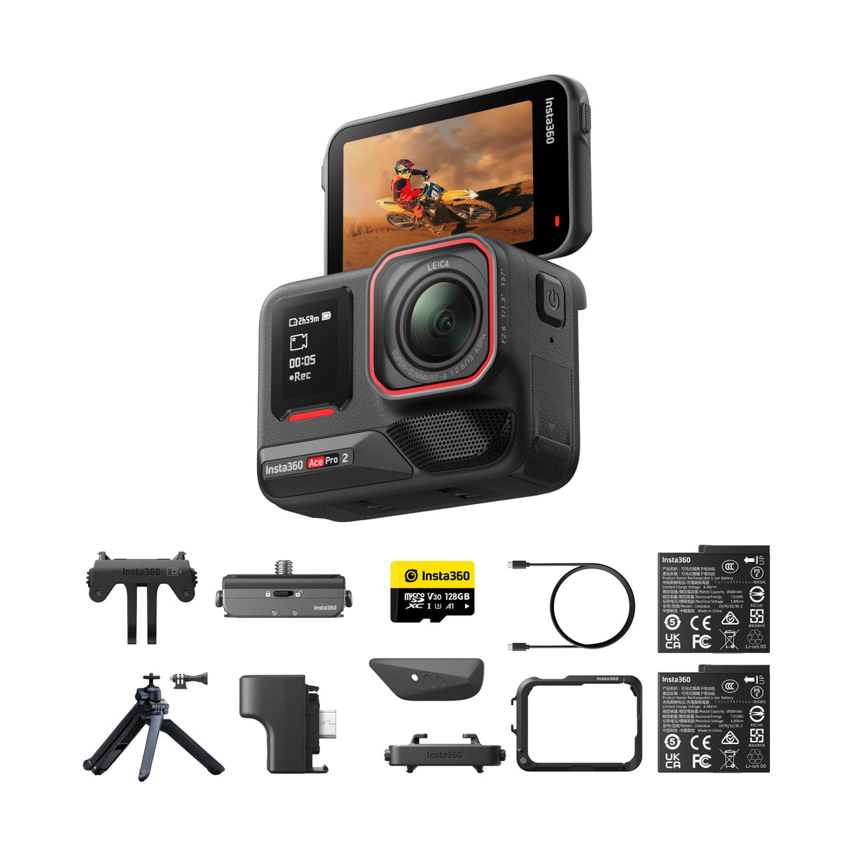 Insta360 Ace Pro 2 Paquete Definitivo - Cámara de acción 8K impermeable co-diseñada con Leica, sensor de 1/1,3", dual chip IA, excelente en baja luz, audio superior, pantalla abatible y edición por IA