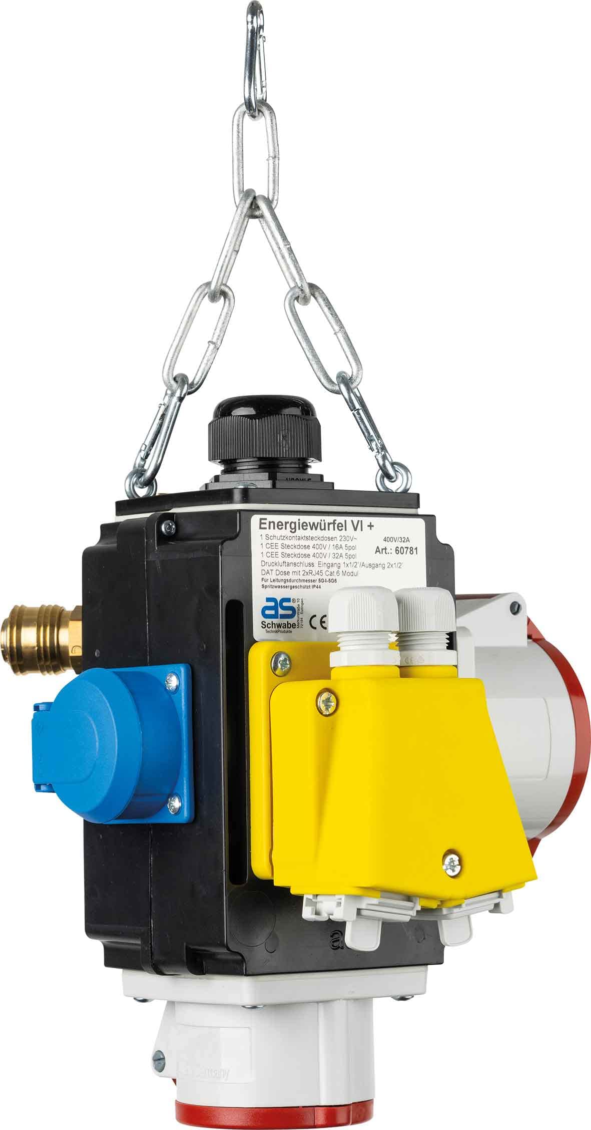 as - Schwabe MIXO Energy Cube VI DAT+ - Caja de distribución con toma Schuko, 2 tomas CEE de 5 polos, conexión de datos y conexión de aire comprimido incl. fusible - IP44 - Hecho en Alemania - Negro