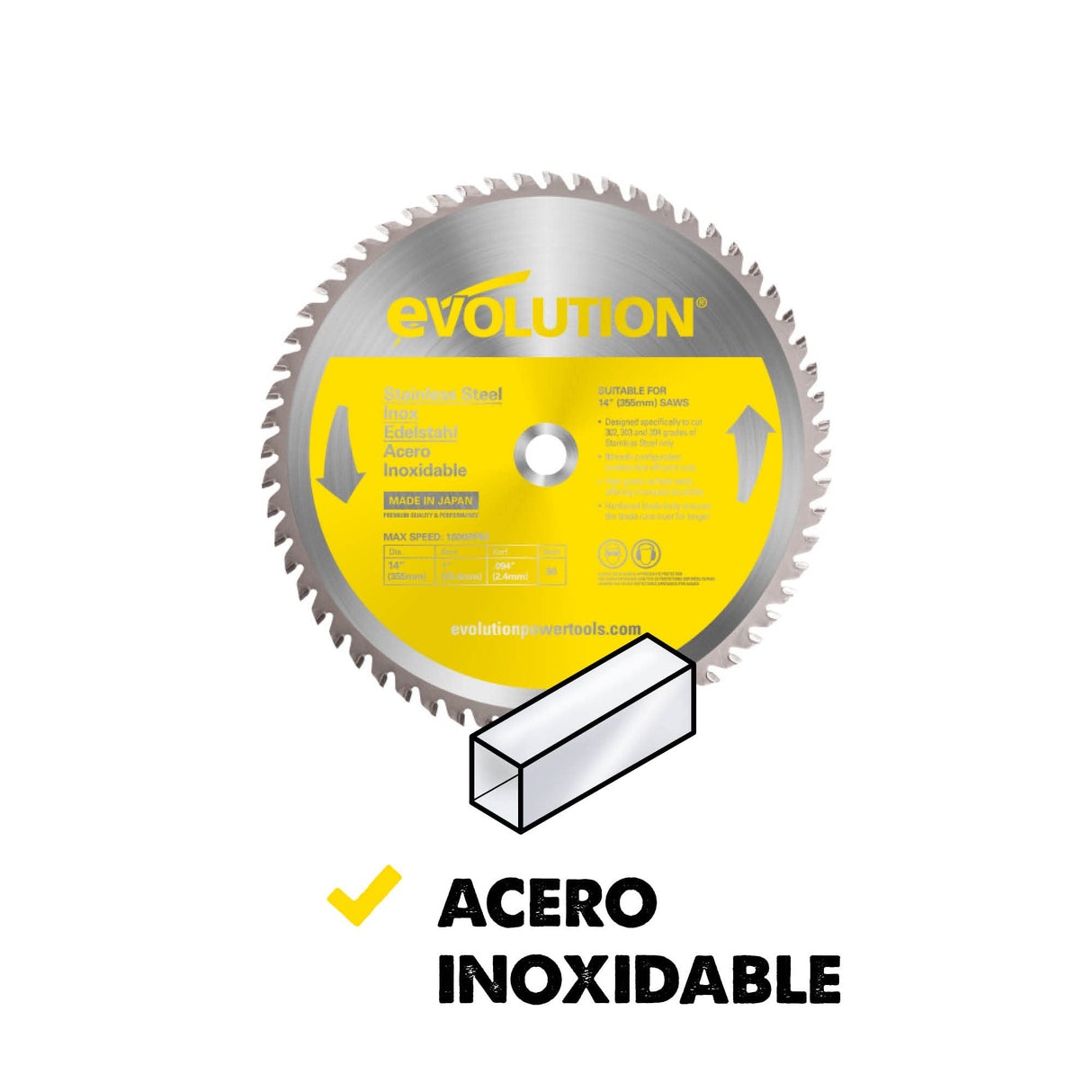 Evolution - Hoja de sierra S355TCT-90CS de 355 mm para cortar acero inoxidable - La hoja de sierra para metales con punta de carburo genera muy poco calor, astillas o chispas