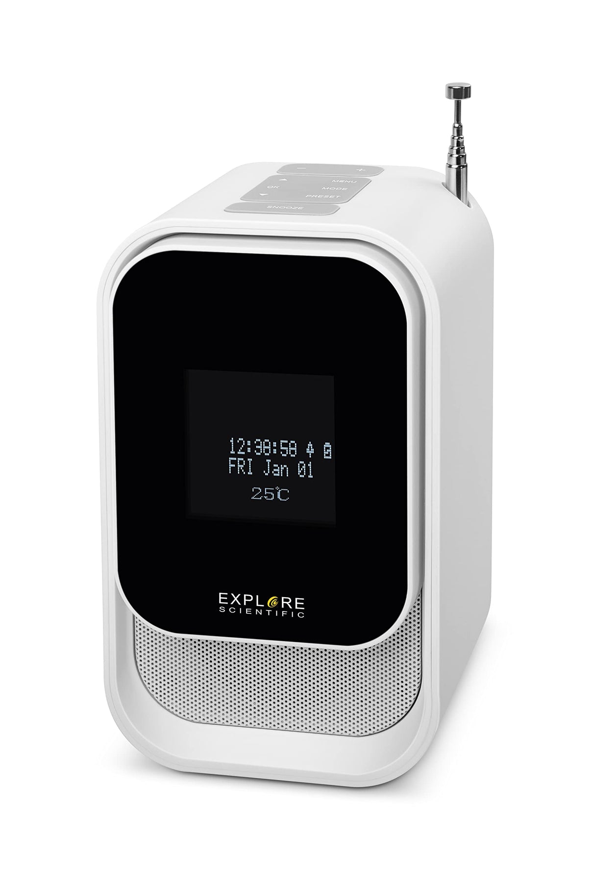 Explore Scientific BCR2001 - Radio Despertador con función Dab+, Bluetooth, Toma USB, batería Recargable, Color Blanco
