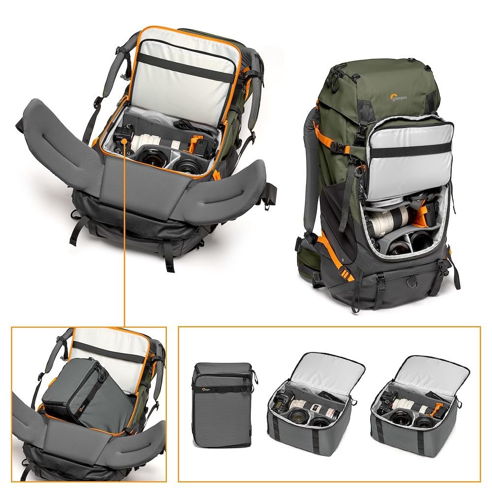 Lowepro PhotoSport PRO BP 55L AW IV - Mochila para cámaras réflex sin espejo, acceso delantero/trasero, compartimento extraíble para cámara, correas de accesorios, talla M/L, gris oscuro/verde