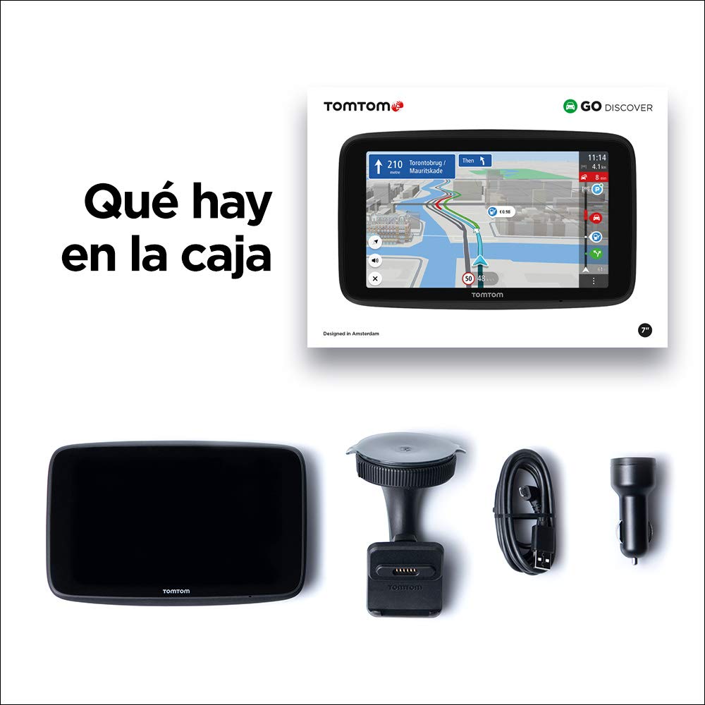 TomTom GPS para coche GO Discover, 7 pulgadas, con tráfico y radares, mapas del mundo, actualizaciones rápidas via WiFi, disponibilidad de parking, precios de combustible, soporte Click-Drive
