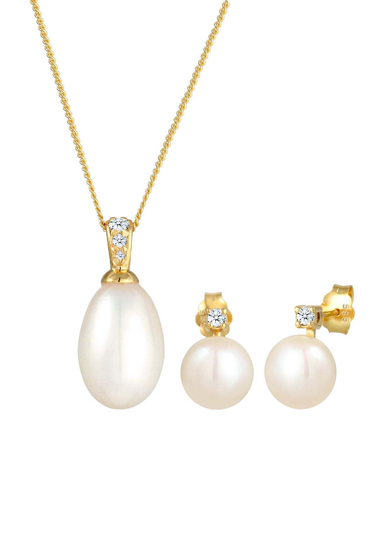 Elli DIAMONDS Juego de Joyas Pendientes de Perla Clásica con Diamante (0,11 ct.) en Oro Amarillo 585