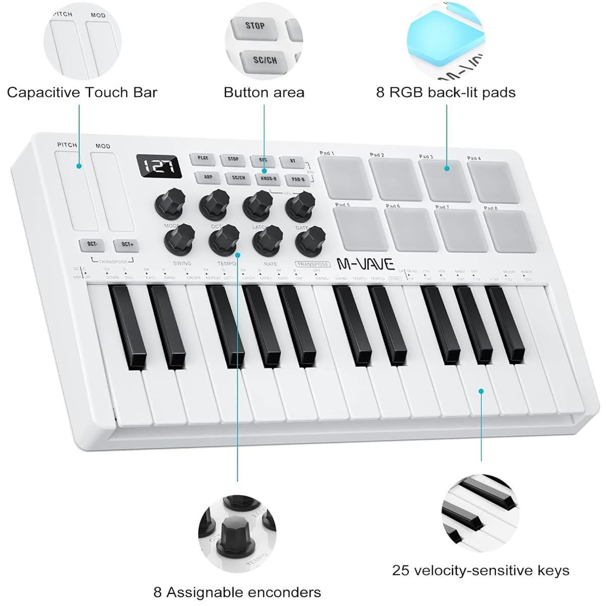 M-VAVE SMK-25 - Controlador de teclado MIDI USB de 25 teclas con 8 pads de batería retroiluminados, Bluetooth, teclas dinámicas profesionales, 8 perillas