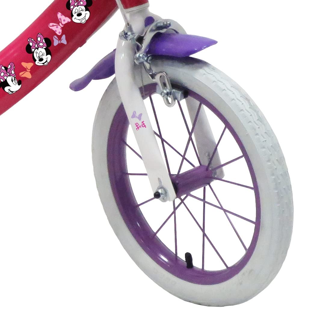 Bicicleta Infantil de 14 Pulgadas, niña Minnie/Disney Equipada con 2 Frenos, Soporte Trasero para muñecas, Cesta Delantera y Casco incluidos
