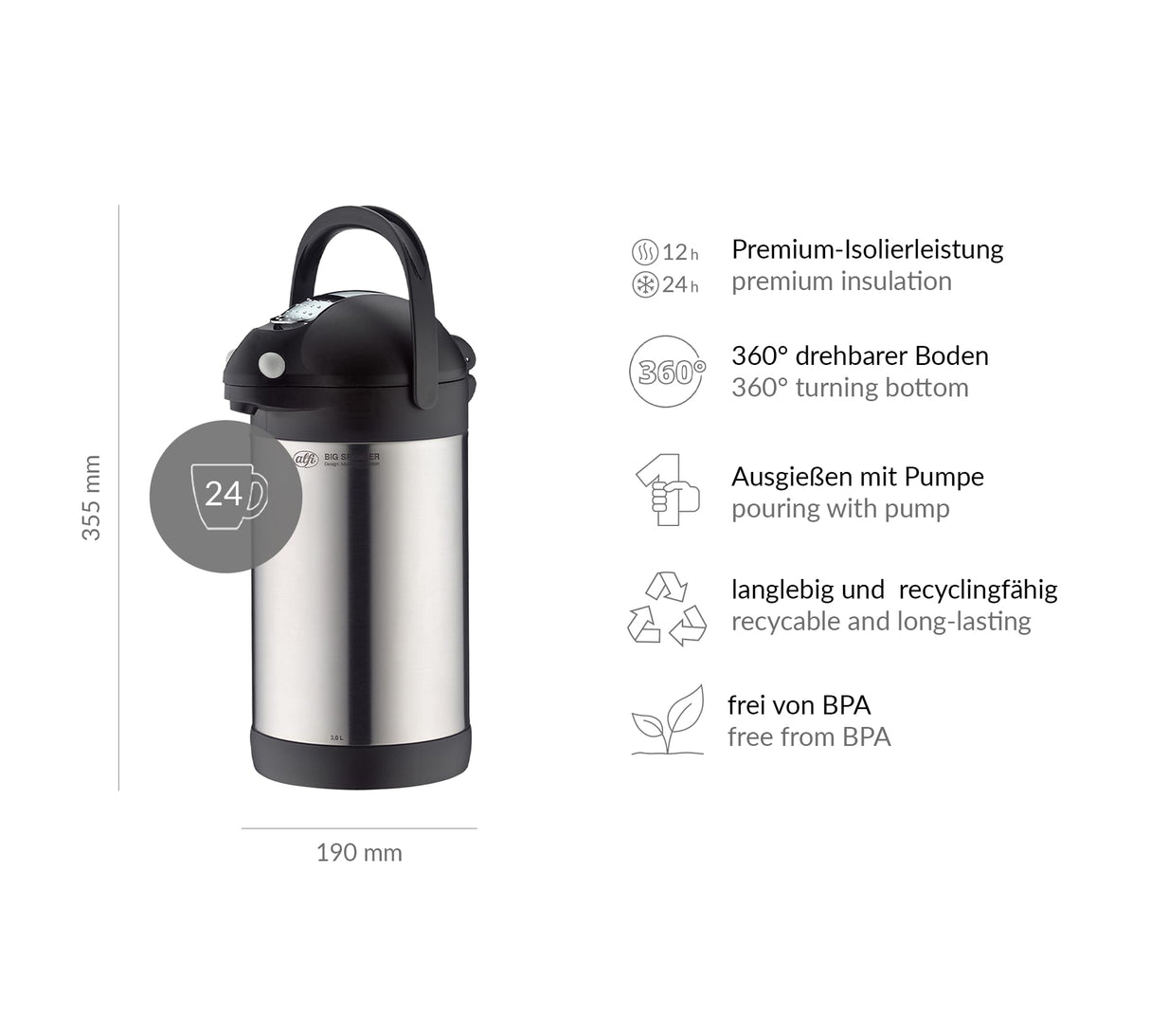 Alfi 30887020300 - Jarra dispensadora de Bebidas, 3 l, Acero Inoxidable Mate, Color Gris y Negro