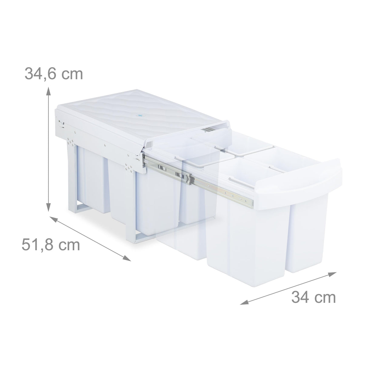 Relaxdays Cubo de Basura Cocina, 4 Compartimentos, 4X 8L, 34,6x34x51,8 cm, Extraíble, Papelera Fregadero, Blanco, Acero, Plástico, 4 x 8 L