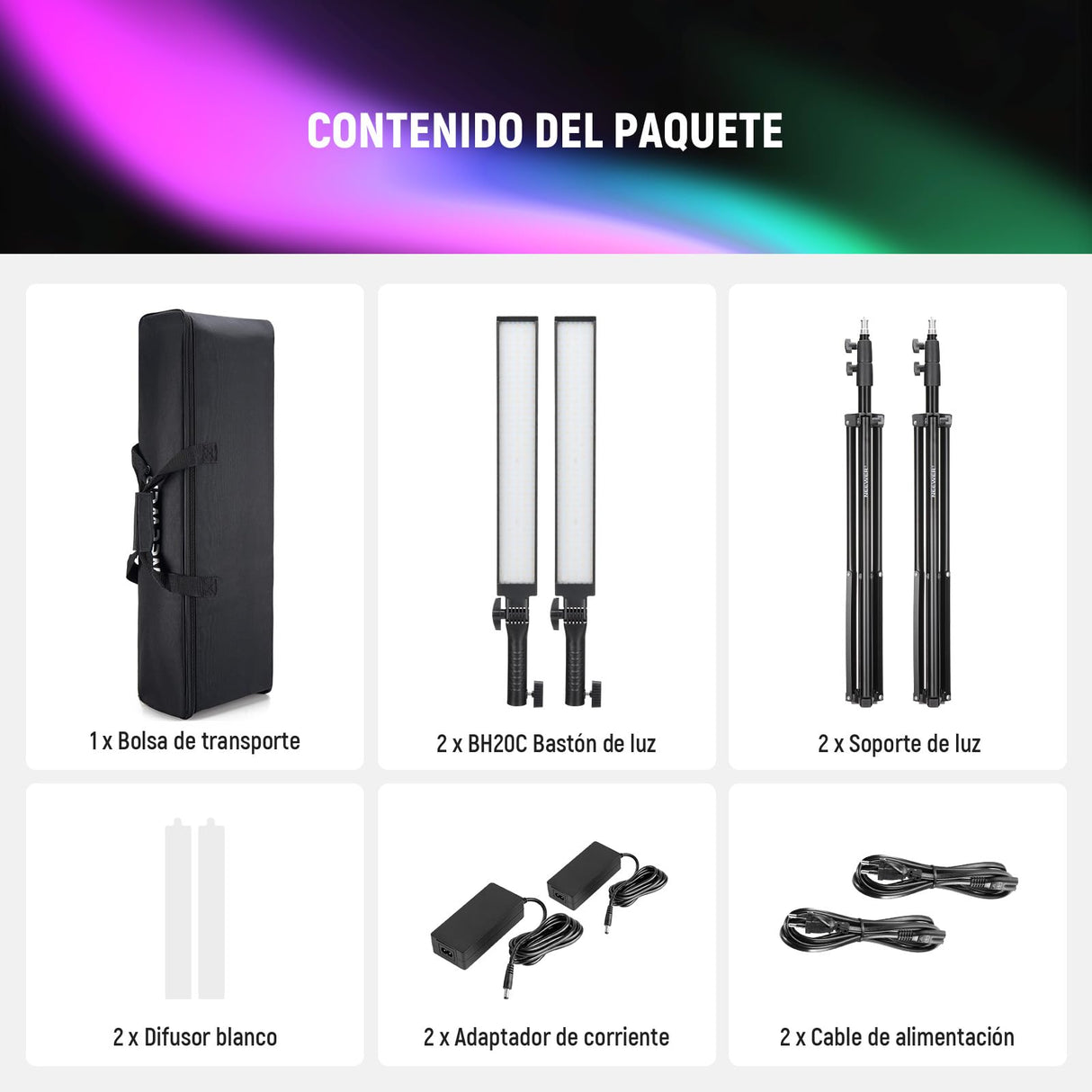 NEEWER Fotografía Barra Luz RGB Kit, Paquete de 2 Luz Tubo Video LED con Soporte, Difusor, Varita Luz Regulable 3250Lux 2500-10000K CRI95+/TLCI97+ App/2,4G/Control Panel para Live/Videos/Vlog, BH20C