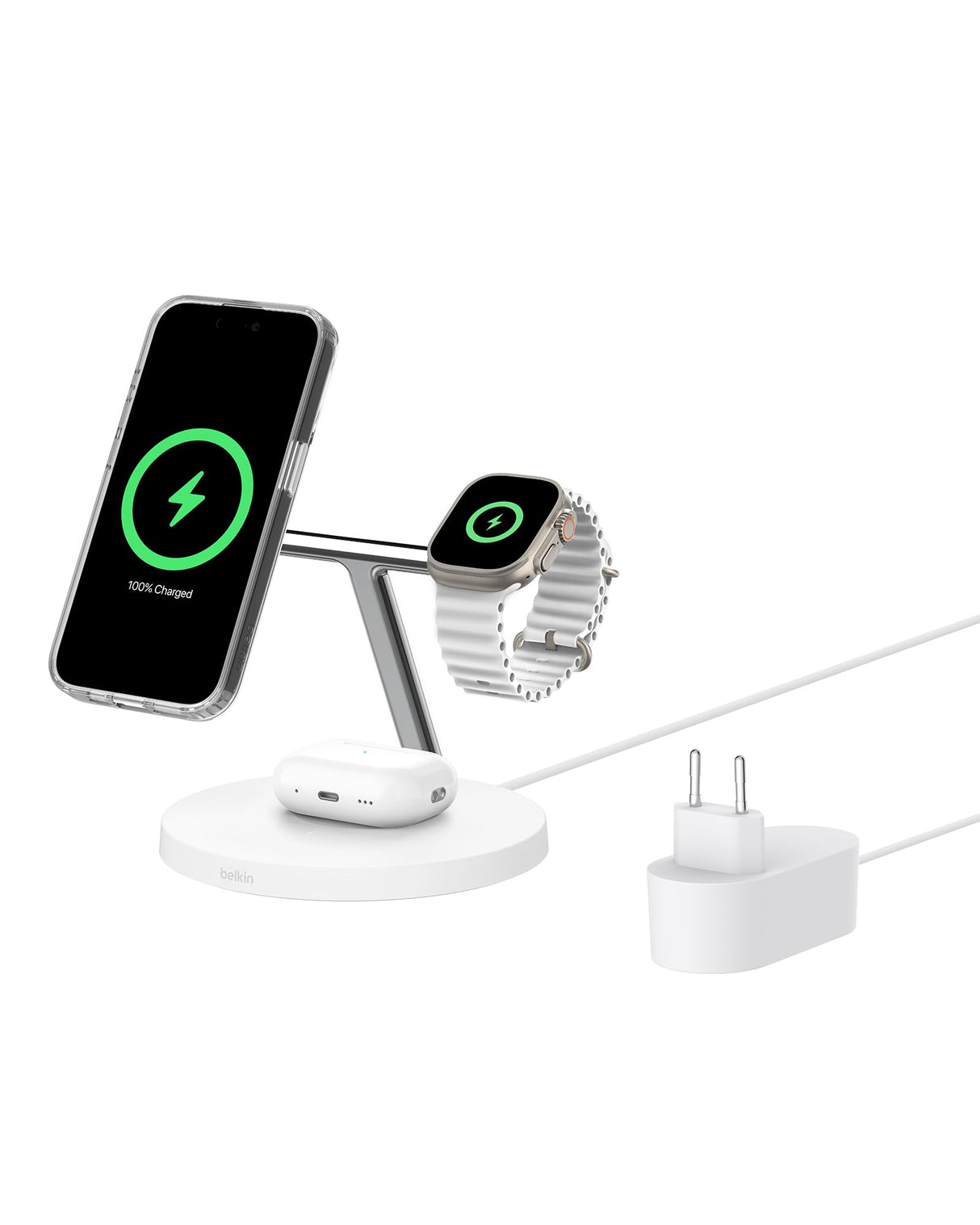 Belkin BoostCharge cargador Qi2 3 en 1, estación de carga inalámbrica con MagSafe, base de carga Qi2 para iPhone 16 Series, Apple Watch, AirPods, soporte antideslizante, fuente de alimentación, Blanco