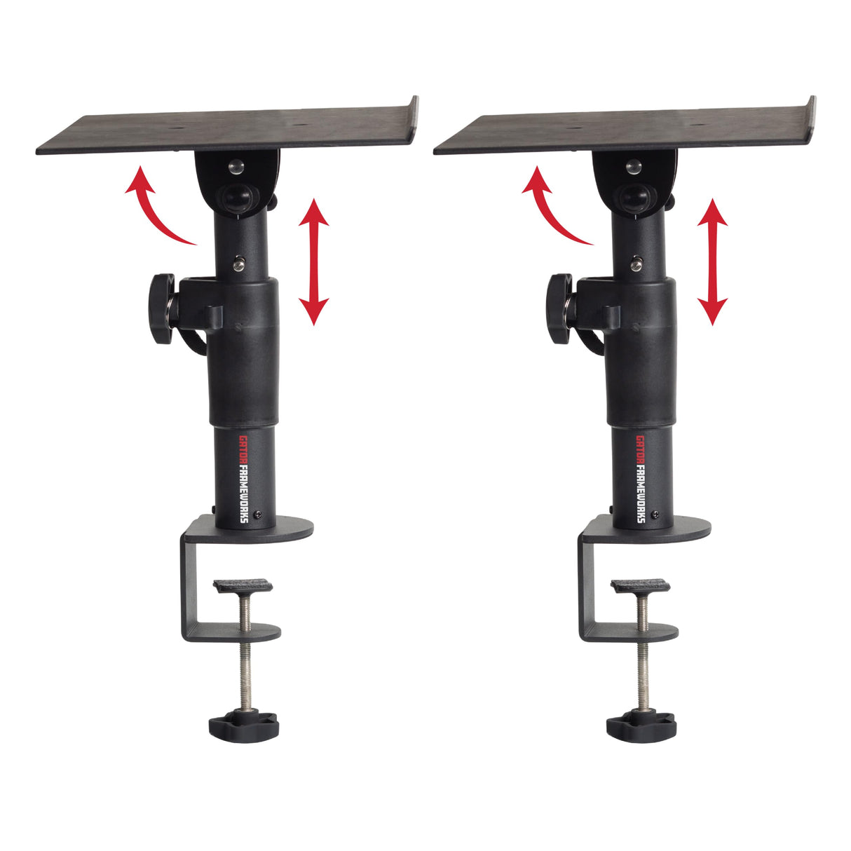 Gator Frameworks Soportes de escritorio con pinza para monitor de estudio y altavoz con superficie acolchada de espuma EVA, ángulo ajustable de 0° a 15° - Juego de 2 (GFWSPKSTMNDSKCMP)