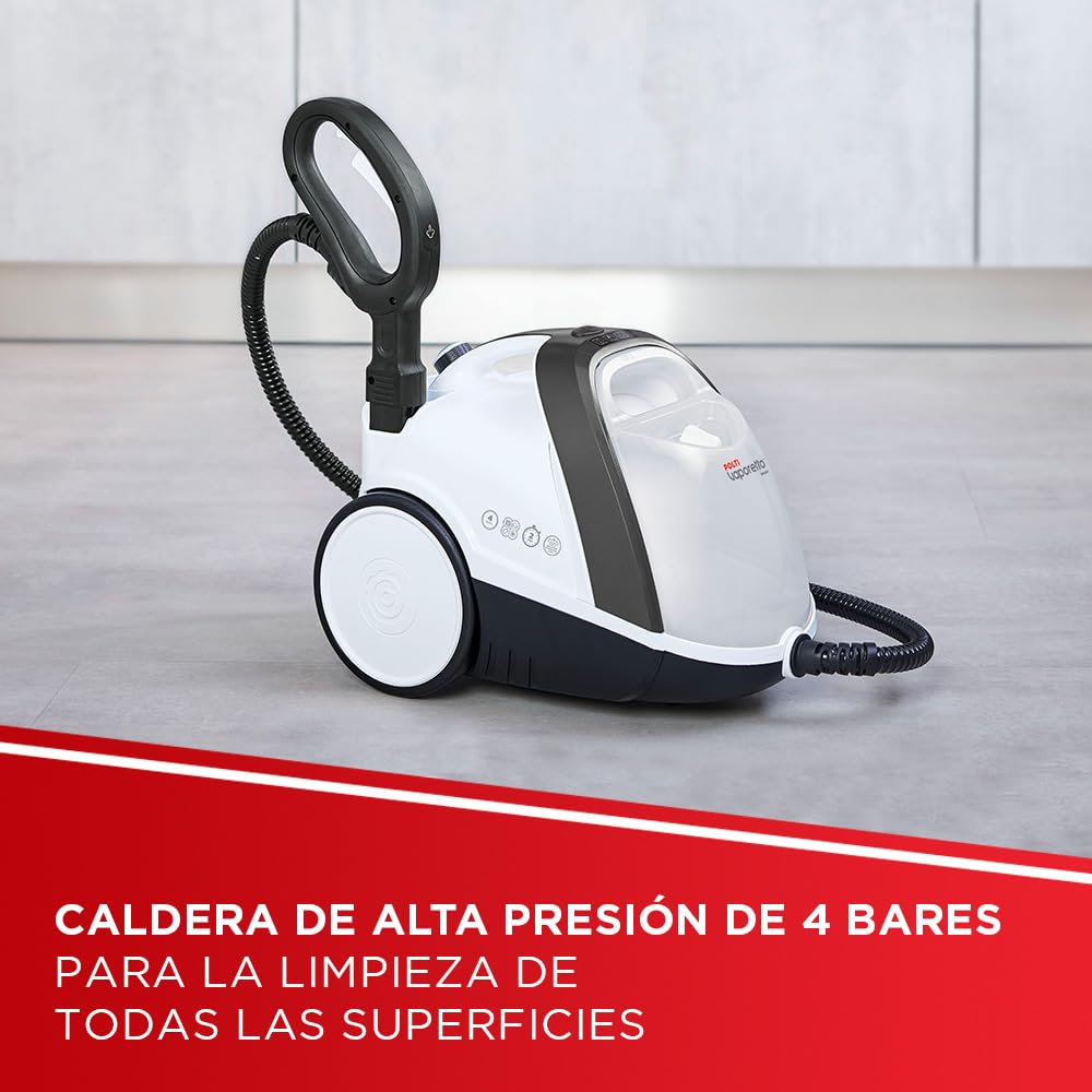 Polti Vaporetto Smart 120, Limpiador a Vapor con Caldera, 4 Bares de Presión, Potencia Máxima 1500 W, Depósito Extraíble de 2 L, Calentamiento en 2 Minutos, 14 Accesorios incluidos, Blanco y Negro