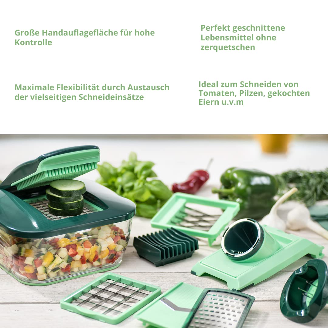 Genius Nicer Dicer Chef - Cortador de verduras (18 piezas, con cuenco de cristal y cortador de tomates y verduras de la televisión)