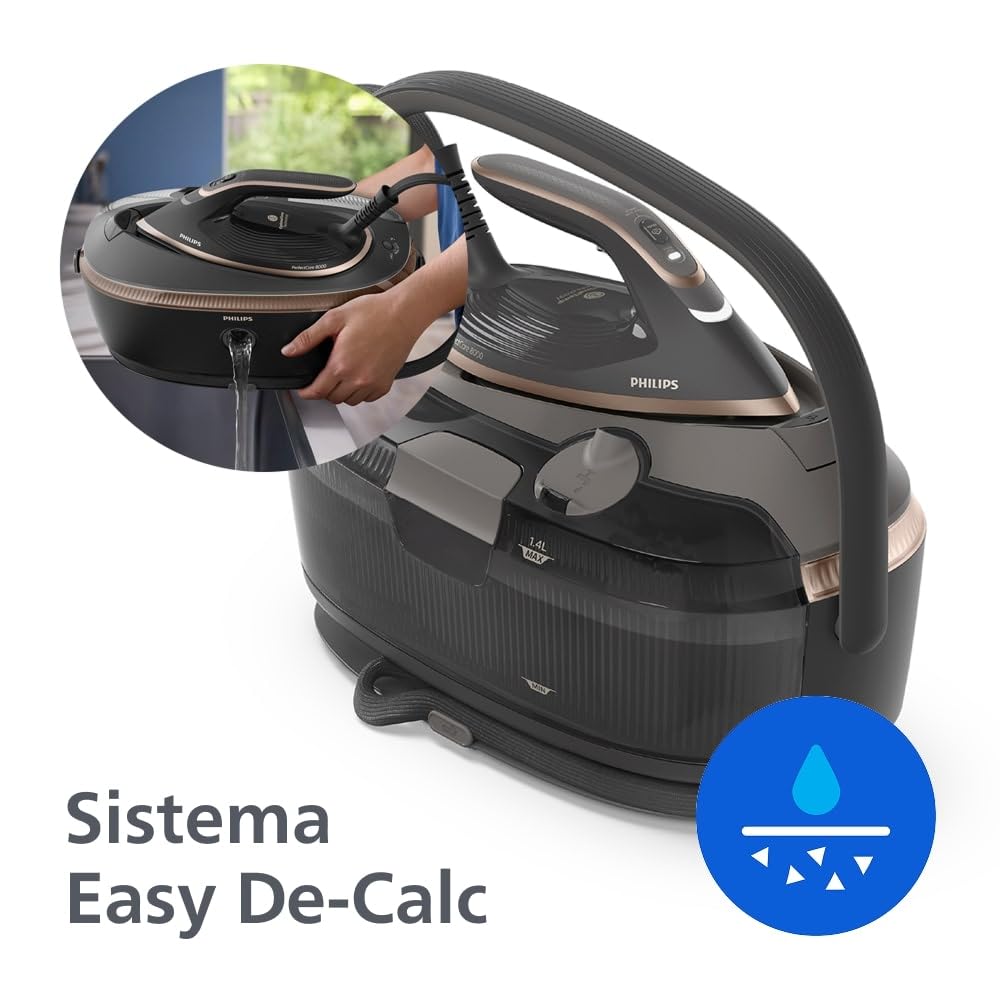 Philips Generador de vapor PerfectCare Serie 8000-210g de impulso de vapor, sensor de movimiento AI, OptimalTEMP, suela SteamGlide Elite, tanque de 1.4L, descalcificación fácil (PSG8200/80)
