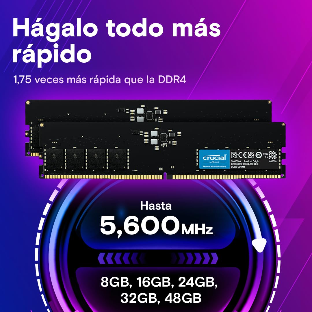 Crucial RAM DDR5 128GB Kit (2x64GB) 5600MHz, Memoria PC (o 5200MHz / 4800MHz) CL46 - CT2K64G56C46U5