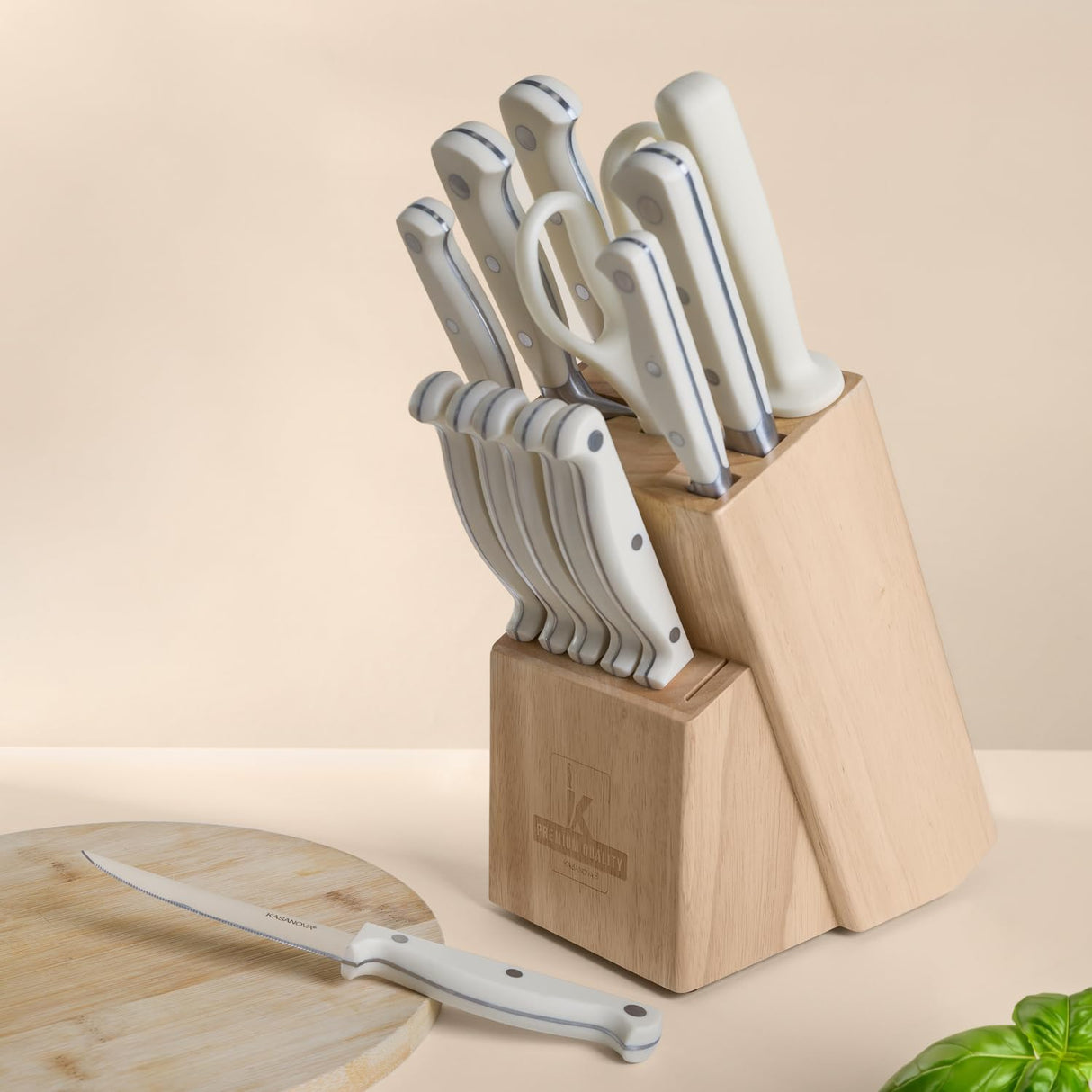 KASANOVA - Bloque de madera con 11 cuchillos, tijeras y afilador, bloque porta cuchillos de cocina, set completo para cocina