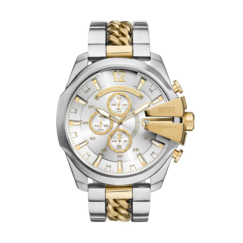 Diesel Reloj Mega Chief para Hombre, Movimiento cronógrafo con Correa de Acero Inoxidable, Tono Oro y Plata, 51 mm