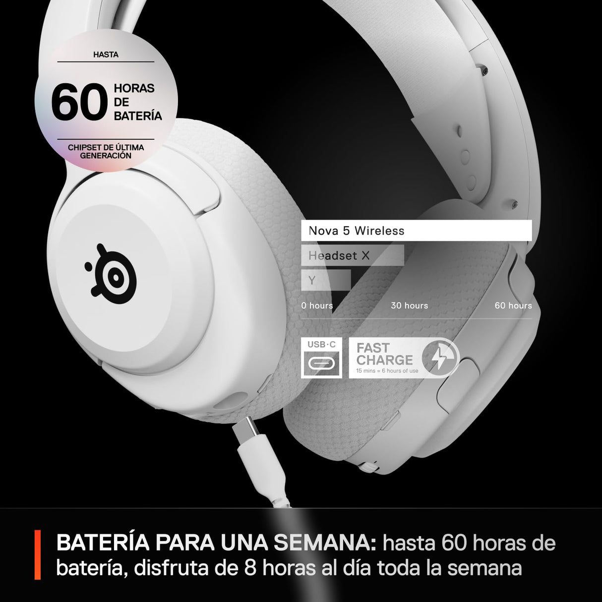 SteelSeries Arctis Nova 5 Blanco Cascos gaming inalámbricos PC, PS5, Switch 2, móvil - Controladores magnéticos de neodimio - Más de 100 preajustes - Batería de 60 horas - 2,4 GHz o BT - Micro Gen2.X