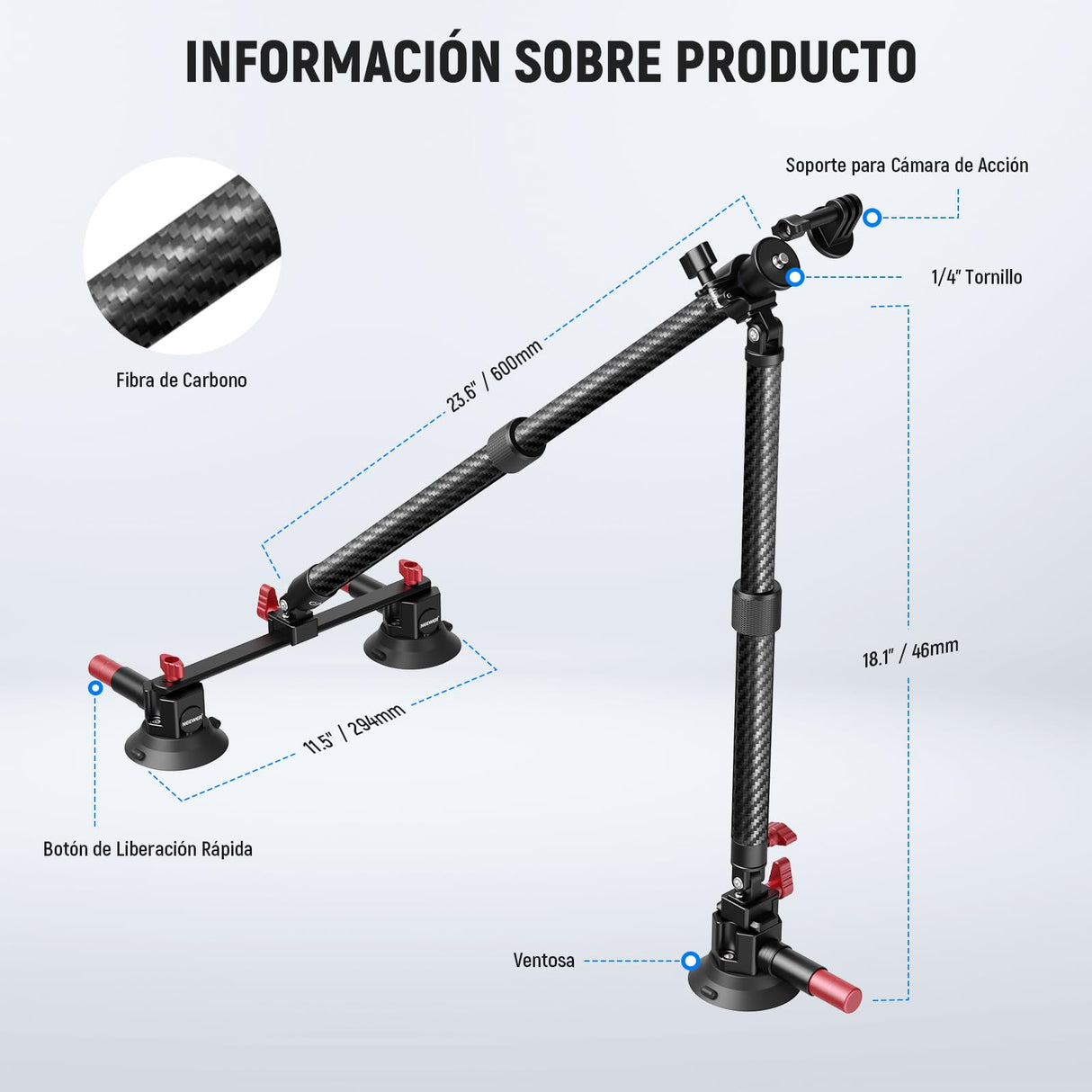NEEWER Kit de Montaje de Coche con Triple Ventosa, Cámara Soporte de Fibra de Carbono con Adaptador Cámara Acción, Raíl NATO y Mástil de Extensión de 60cm Compatible con GoPro Insta360, MAX 1kg,CA136