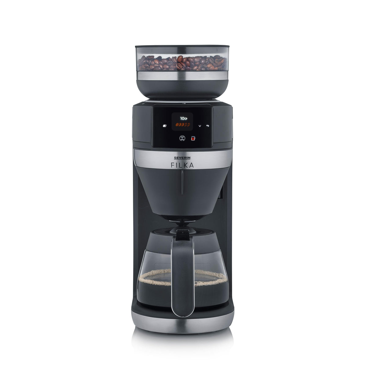 SEVERIN FILKA, cafetera de filtro totalmente automática, cafetera de filtro 5 en 1 con pantalla LED, molinillo, con jarra de cristal, negro mate/acero inoxidable, KA 9694