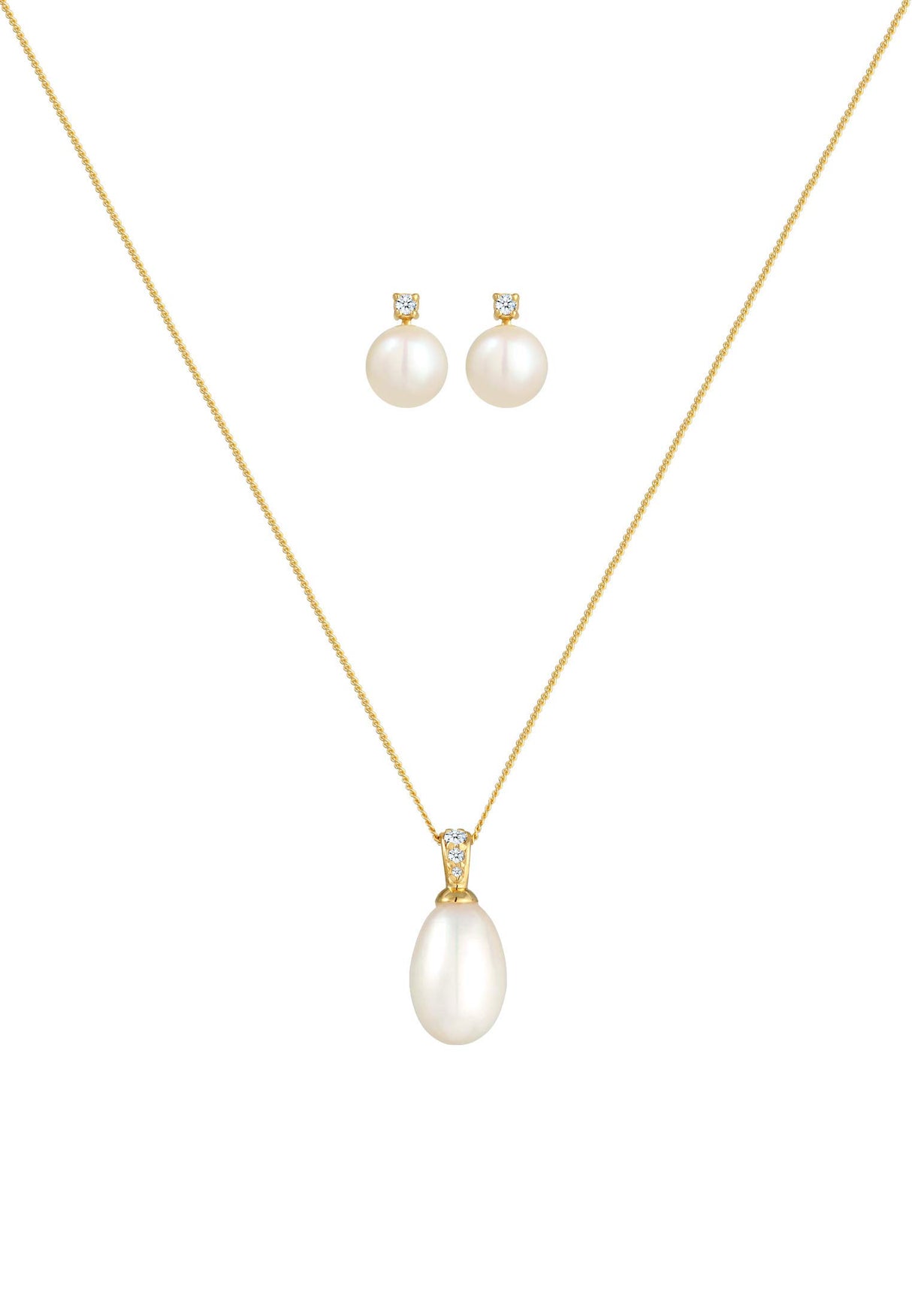 Elli DIAMONDS Juego de Joyas Pendientes de Perla Clásica con Diamante (0,11 ct.) en Oro Amarillo 585