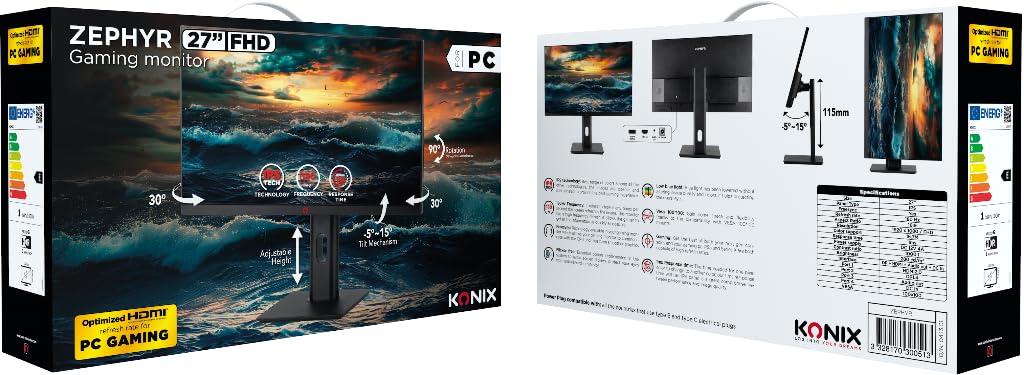 Konix Monitor Gaming Zephyr 27" PC, PS5, Switch 2, Xbox - Resolución Full HD 1080p - 180 Hz - 1 ms - FreeSync - HDMI 2.0 - DisplayPort - Panel IPS