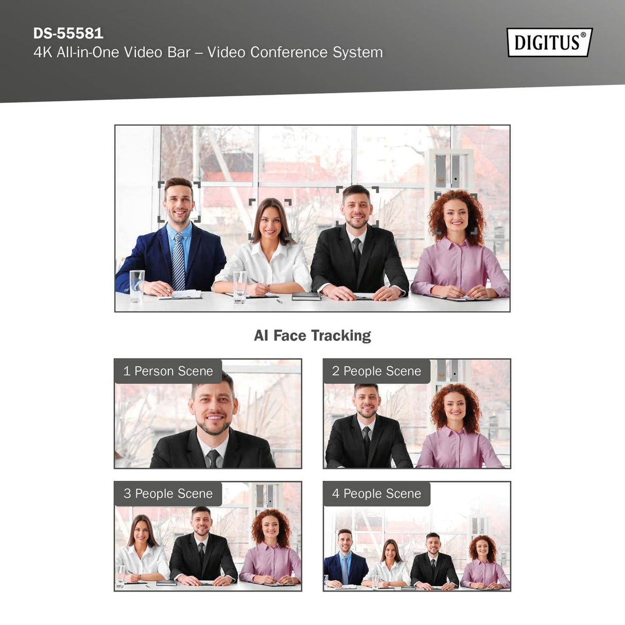 DIGITUS DS-55581 Video Bar Mini, Sistema de videoconferencia - Cámara Webcam 4K UHD 30 Hz ePTZ - 2 Micrófonos internos - Altavoz Interno 2 W - Autoenfoque y Zoom, Cancelación de Eco