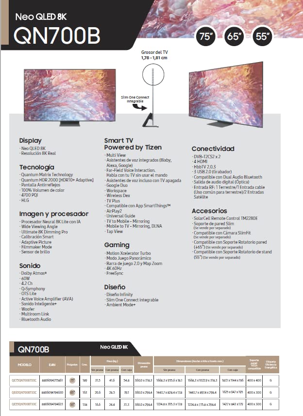 Samsung TV Neo QLED8K 2022 75QN700B-SmartTV de 75"con Resolución8K,Quantum Matrix Technology Pro,Procesador Neural8K Lite con Inteligencia Artificial,Quantum HDR2000,60W Dolby Atmos y Alexa Integrada