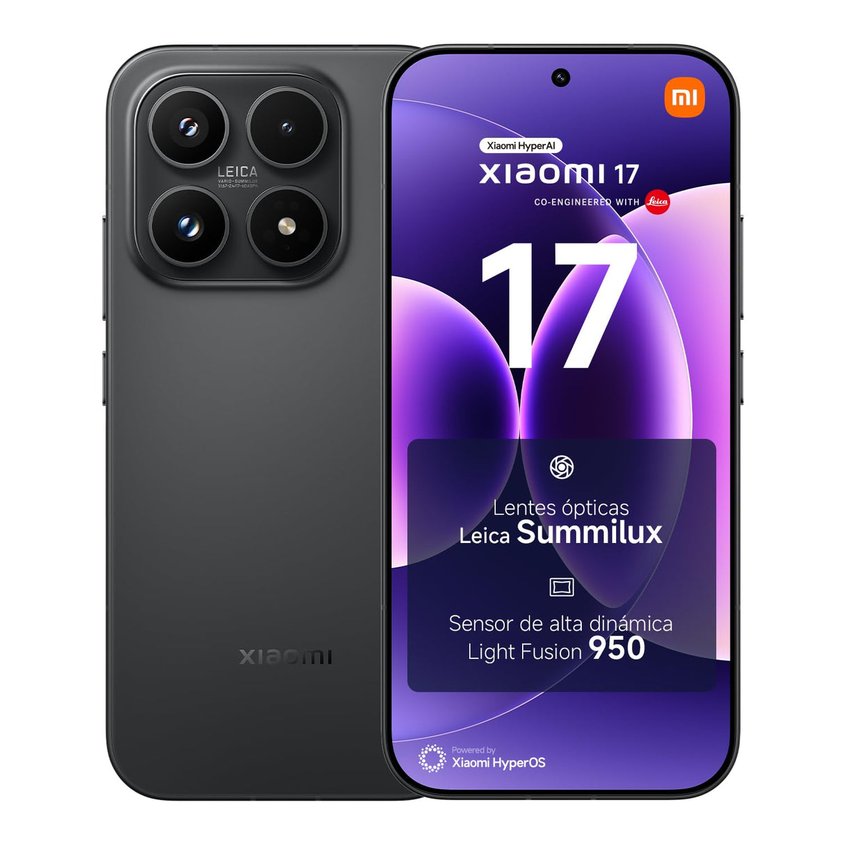 XIAOMI 17, Smartphone 12+256 GB, Lente óptica Leica Summilux, batería de 6330 mAh (Tipo), HyperAI, Negro, garantía del Fabricante 2 años + 1 año Extra, Cargador no Incluido