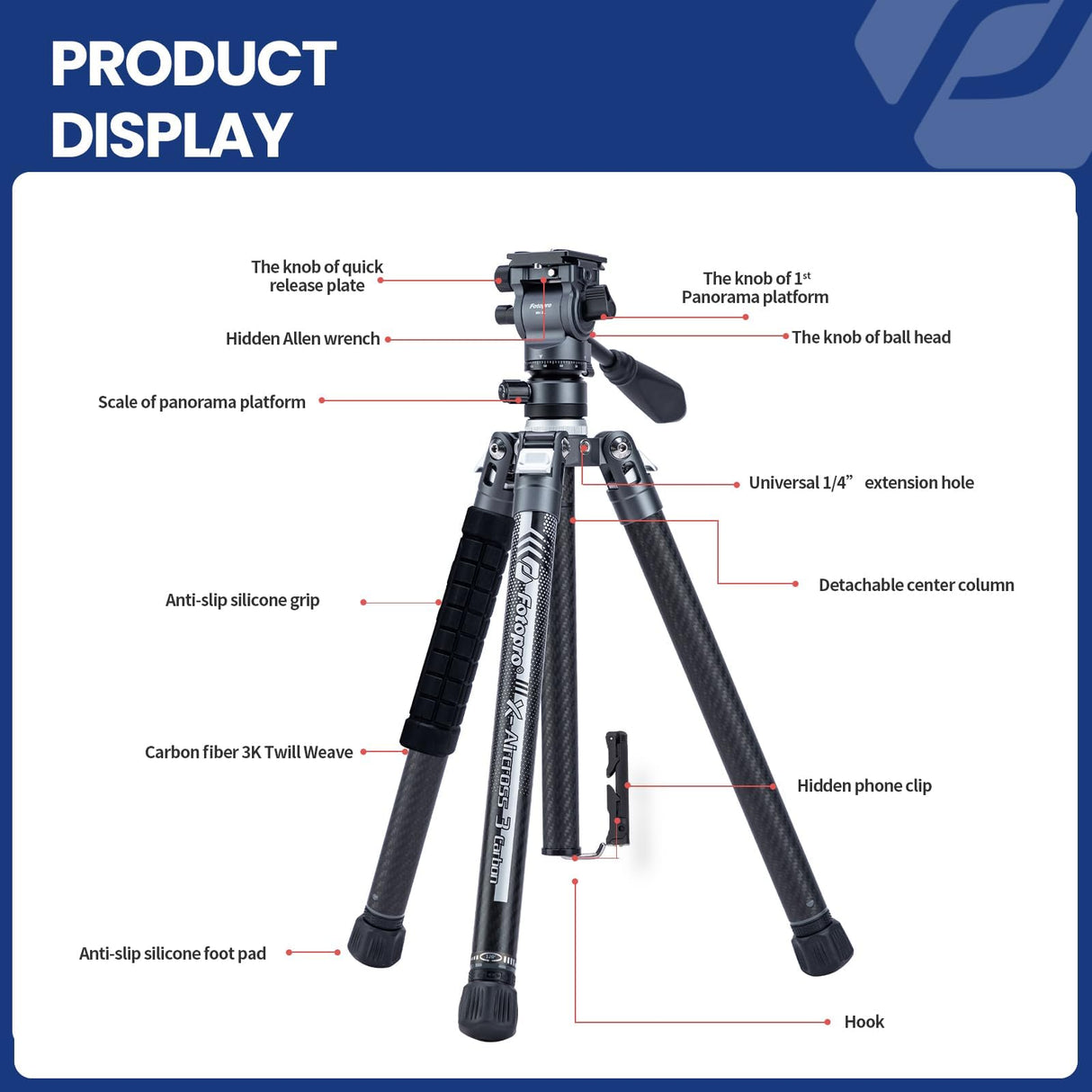 Fotopro Trípode de Fibra de Carbono 2.3lbs Ultraligero Trípode de Video de Viaje Portátil de 62 Pulgadas para Cámara DSLR Carga hasta 22lbs X-Aircross 3 Video