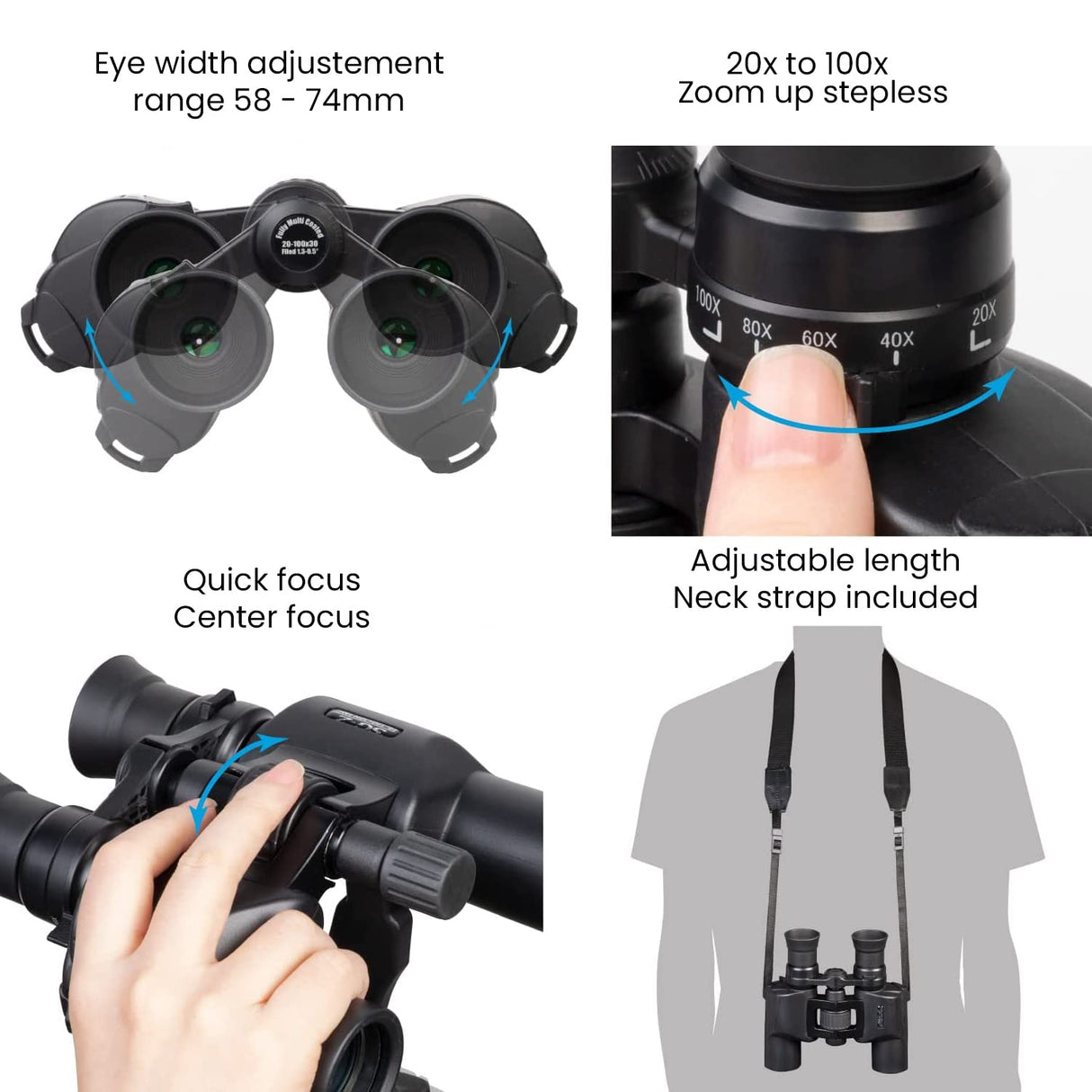 Kenko Binoculares SG-Z 20-100×30 FMC, magníficos de Alta Potencia con Zoom de 20X a 100X, Multicapa Completo, para Deportes, conciertos, Caza, Exteriores y observación de la Luna, Negro, 239906