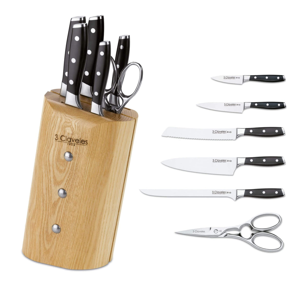 3 CLAVELES Juego Cocina, Madera,Acero Inoxidable, 5 Cuchillos Ash Toledo + 1 Tijera Star, 1637