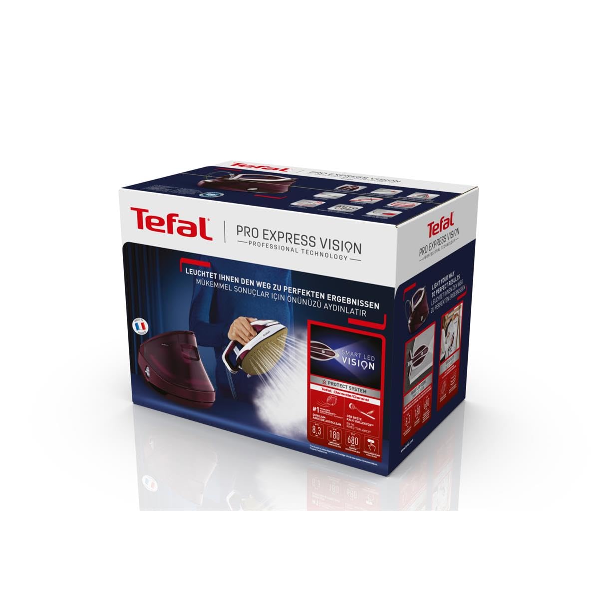 Tefal GV9810 Pro Express Vision - Plancha de vapor con luz LED inteligente en la plancha, potente presión de 8,3 bares, vapor de 180 g/min, 680 g/min de vapor extra, sistema antical, color rojo y
