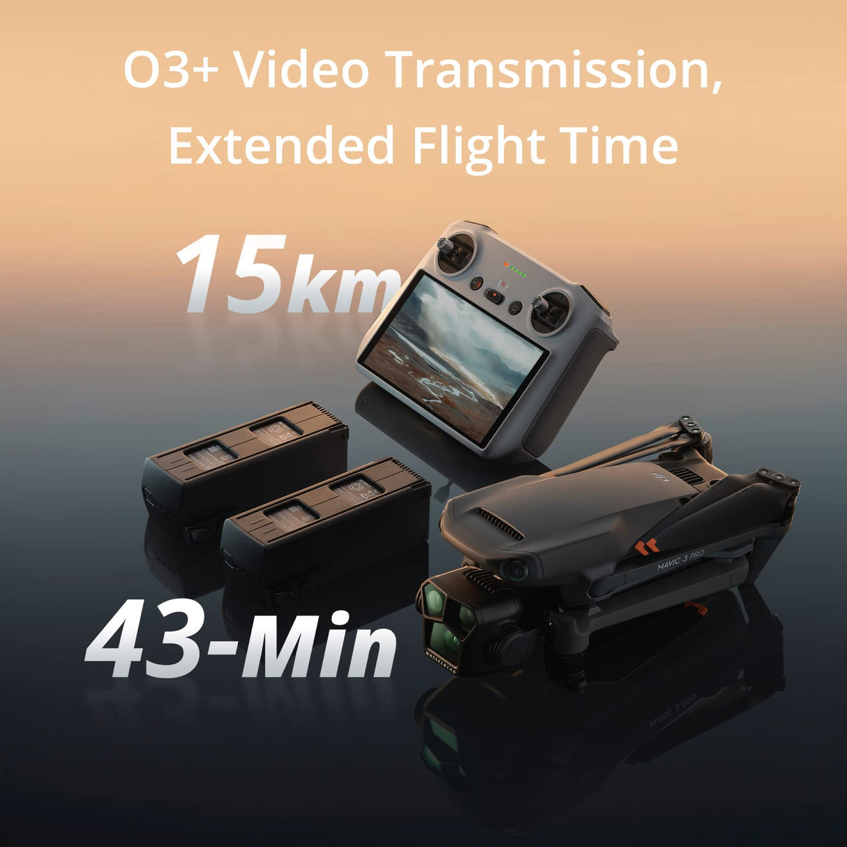 DJI - Pack Mavic 3 Pro Vuela Más con RC (control remoto con pantalla), dron insignia de tres cámaras con cámara Hasselblad con CMOS 4/3, transmisión de vídeo HD a 15 km, tres baterías