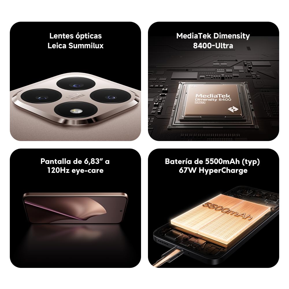 XIAOMI 15T - Smartphone de 12+256GB, Lente óptica Leica Summilux, MediaTek Dimensity 8400-Ultra, Pantalla Eye Care de 6,83" 120 Hz, HyperCharge de 67W, Cargador no Incluido, Negro (Versión ES)