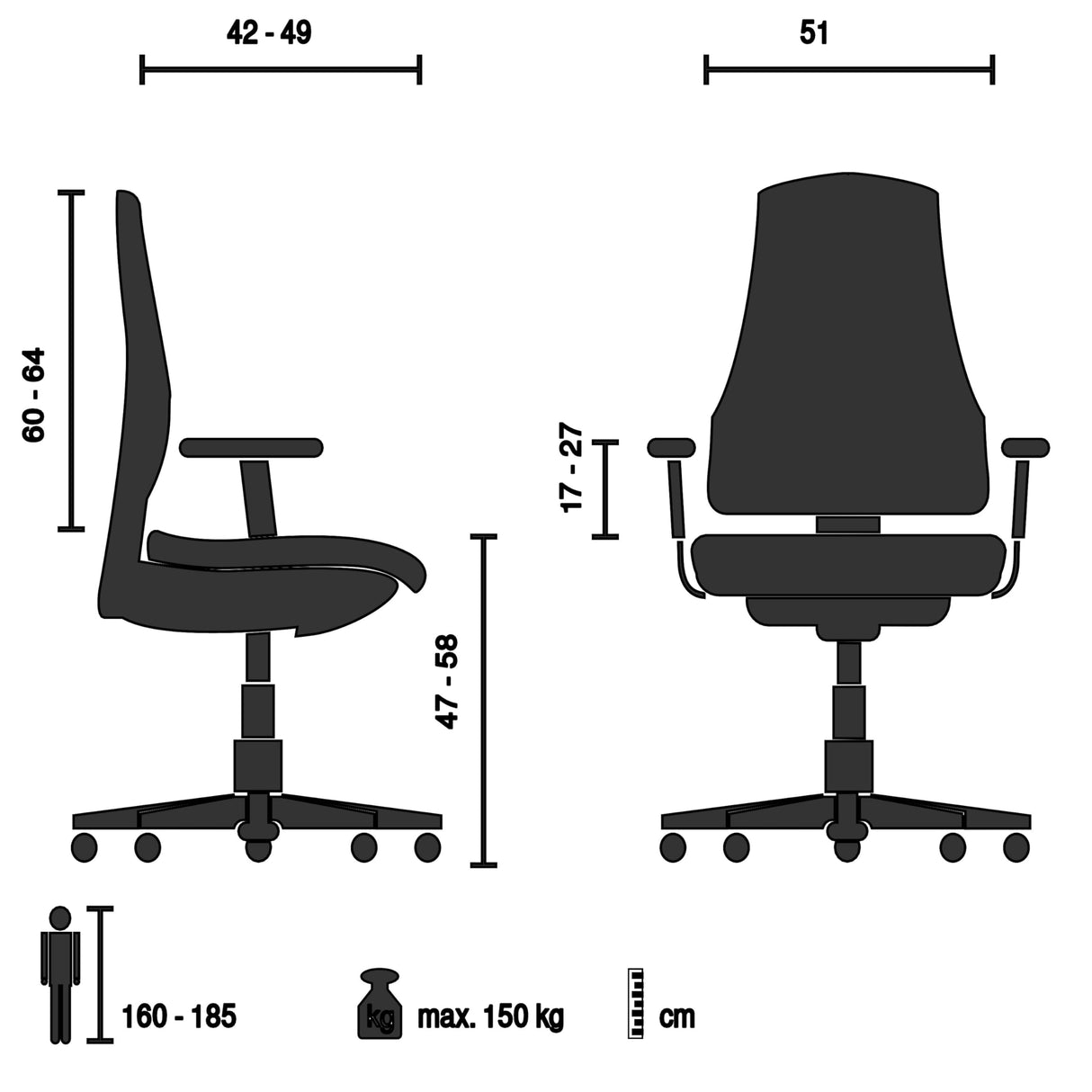 hjh OFFICE Silla de Oficina ergonómica ERGOHUMAN Base GEN2 Diseño Original, Silla de Oficina con Soporte Lumbar Flexible, Malla Negra