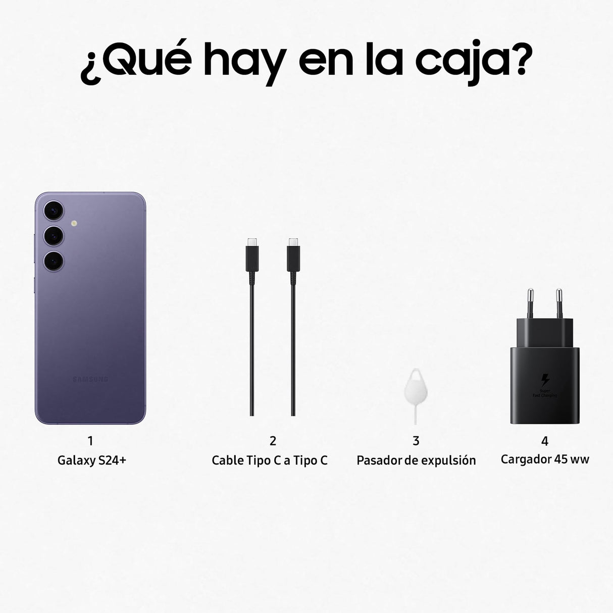Samsung Galaxy S24+ y Cargador 45W, Móvil con IA, Smartphone Android, 12GB RAM Más Rápida, 256GB Almacenamiento, Cámara 50MP, Gran Pantalla, Batería Larga Duración, Violeta Cobalt (Versión Española)