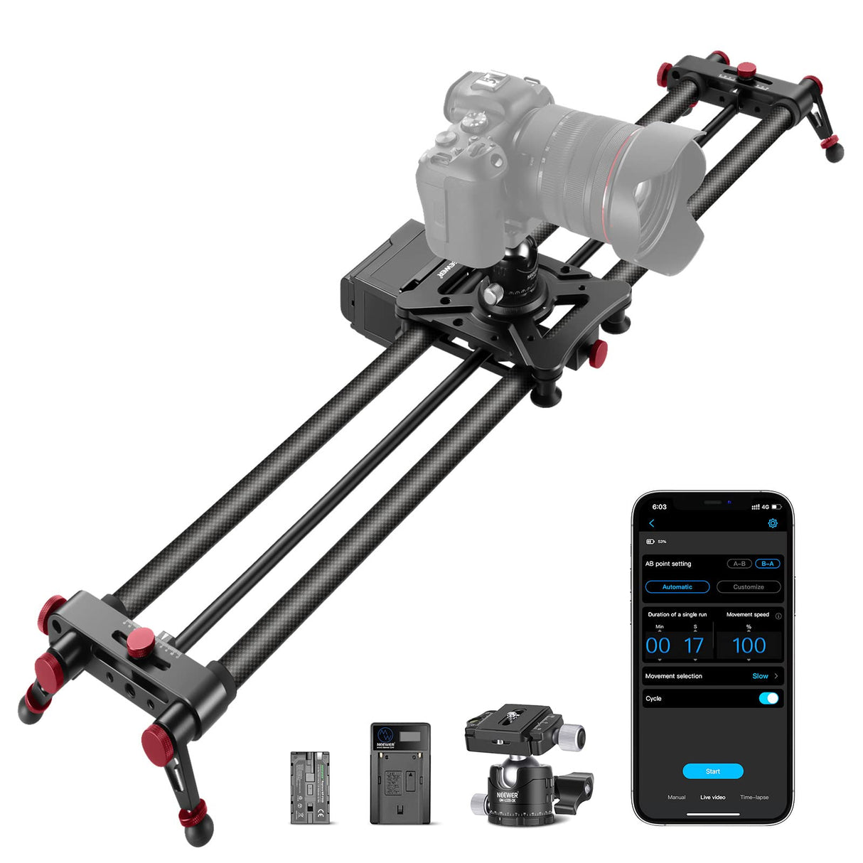NEEWER 31,5"/80cm Deslizador de Cámara Motorizado, Control Inalámbrico de App Deslizador de Riel Dolly de Fibra de Carbono, Admite Modo de Video, Fotografía de Lapso de Tiempo, Horizontal (ER1-80)