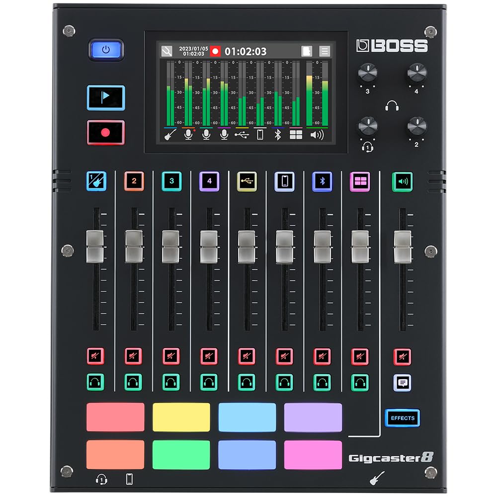BOSS Gigcaster 8 | Mezclador de streaming de audio de 8 canales con entrada directa de guitarra/bajo | 4 entradas combo XLR/TRS | Micro estéreo integrado | 8 pads SFX | Interfaz de audio USB 20x14