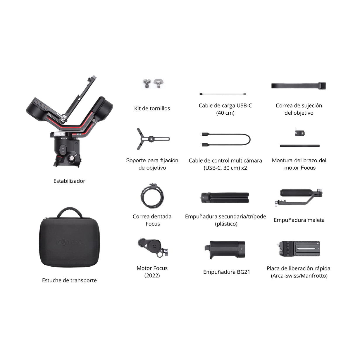 DJI Pack DJI RS 3, estabilizador portátil en Tres Ejes para cámaras DSLR y sin Espejo de Canon/Sony/Panasonic/Nikon/Fujifilm, Carga útil de 3 kg, Pantalla táctil OLED 1.8"