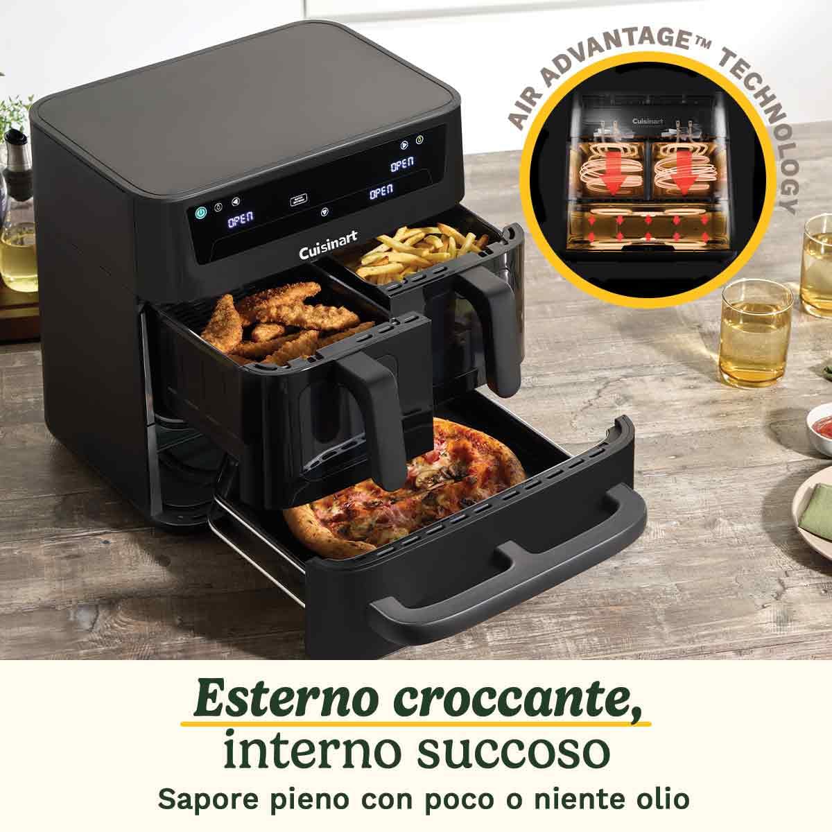 Cuisinart Tri Zone Freidora y Horno 13,6 L | Sin PFAS | 3 zonas, 2x4,3 L + 5 L | 9 funciones: aire, asar, grillar, hornear, recalentar, deshidratar, pizza, tostar, manual | Negro Ventana
