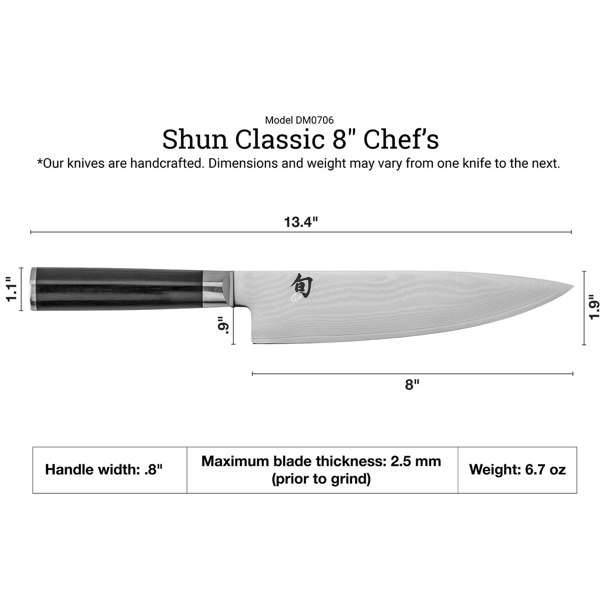 KAI Shun Classic cuchillo de cocina japonés 20 cm de longitud de hoja - Cuchillo de Damasco 32 capas núcleo VG MAX - 61 (±1) HRC - Mango de madera Pakka - Hecho en Japón - Cuchillo de cocina