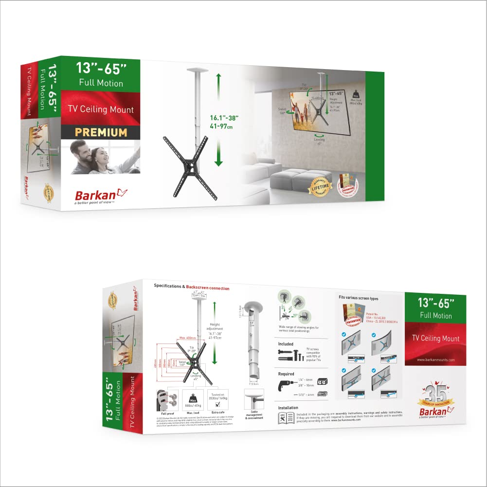 Barkan Soporte de TV de Techo, 97cm de Largo Blanco Giratorio e inclinable para Pantallas de 13-65 Pulgadas, Peso máximo 40Kg, Telescópico de Altura Ajustable, para LED OLED LCD, hasta VESA 400x400
