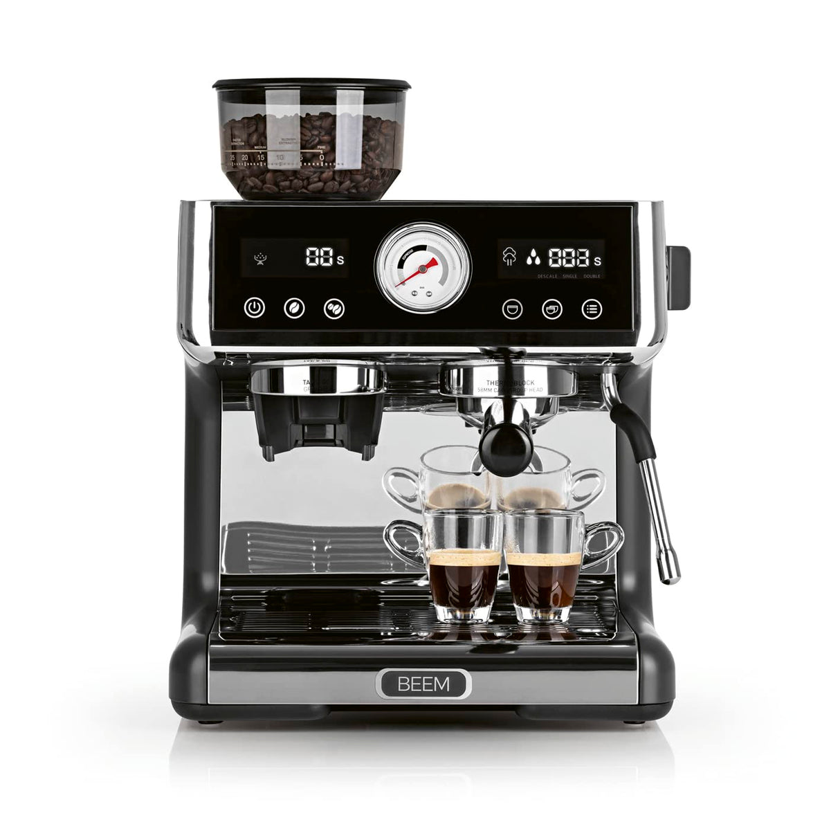 BEEM ESPRESSO-GRIND-EXPERT Colador Espresso Premium con Molinillo | 2 Termobloques para la Preparación simultánea de Espresso y Microespuma de Leche | Display de Extracción y Molido