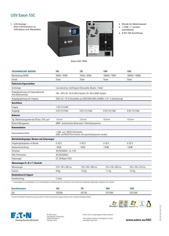 Eaton SAI 5SC 750I Torre - Sistema de alimentación ininterrumpida interactivo - 5SC750I - 750VA (6 salidas schuko) - Regulación de voltaje (AVR), Pantalla e interfaz USB (cable USB incluido), Negro
