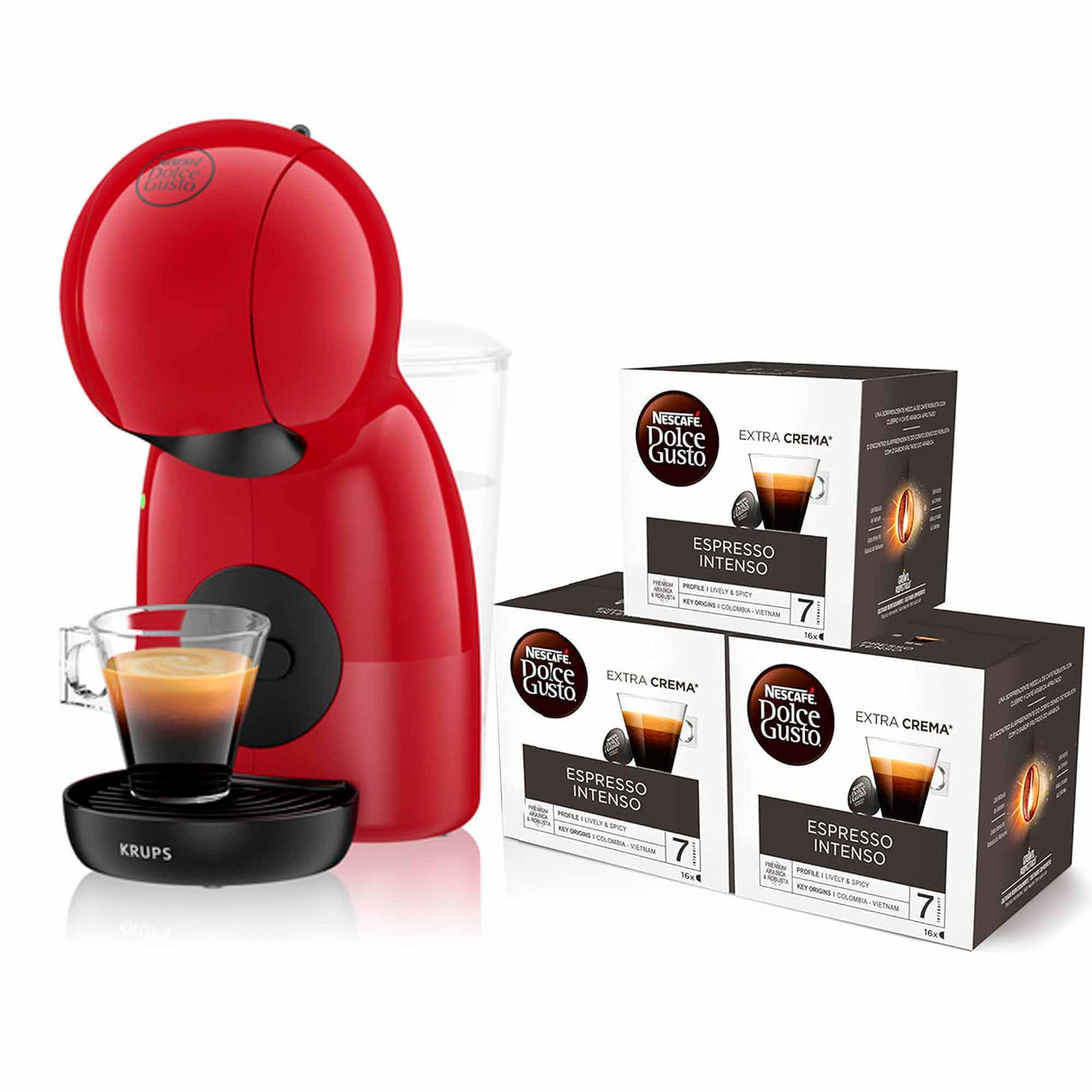 Krups Piccolo KP1A05 - Cafetera cápsulas Dolce Gusto, 15 bares y 1500 W, con depósito de 0.8 l, monodosis multibebidas frías y calientes, manual, Rojo + 3 Packs Café Intenso