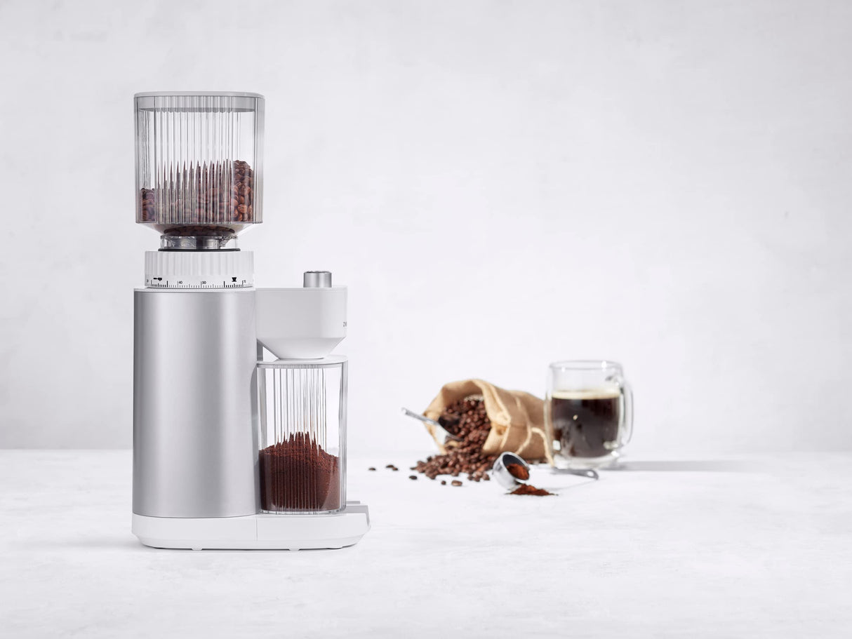 ZWILLING ENFINIGY Molinillo de café eléctrico con molinillo cónico preservador del aroma y grado de molido ajustable, para 1 - 12 tazas, Plata