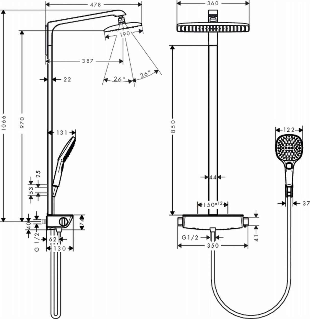 Hansgrohe 27286000 Raindance Select E 360 columna de ducha, 3 tipos de chorro, ahorro de agua, cromo