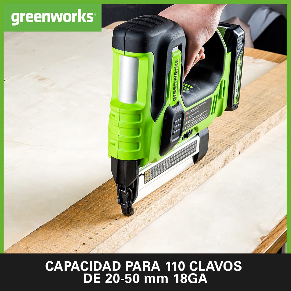 Greenworks GD24BN Clavadora a batería, Capacidad de 110 clavos, 110pcs/min para Clavos de 20-50mm 18GA SIN Batería de 24V y Cargador, Garantía de 3 Años