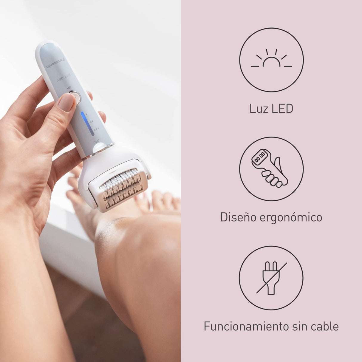 Panasonic ES-EY90-A503 Húmedo y Seco Depiladora, Doble Disco con 60 Pinzas, Flexible 90º Pivotante Cabeza, 3 velocidad Ajustes, LED Luz, 30 Min de Operación, Cabeza para Cuidado Pies, Cabeza Afeitado